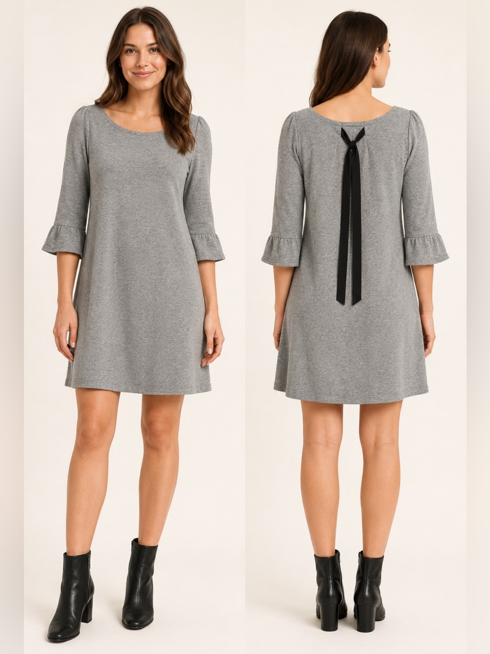 ModCloth Heather Gray Sweater Knit Shift Dress Black Back Bow Size Small